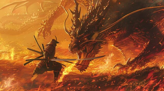 Courageous knight wielding a sword, bravely facing off against a fierce dragon in a epic battle scene
 Seamless looping 4k time-lapse virtual video animation background. Generated AI