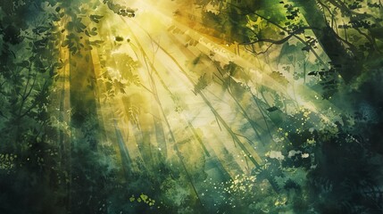 A dense forest with rays of sunlight watercolor illustration