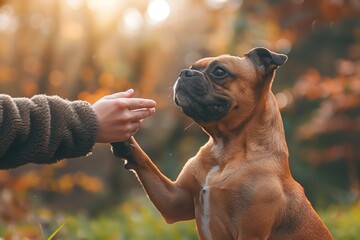 Dog reaching for a human hand