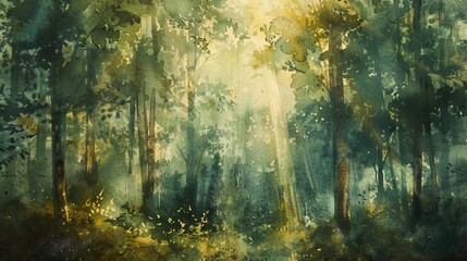 Fototapeta premium A dense forest with rays of sunlight watercolor illustration