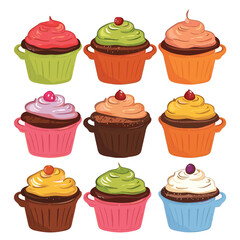 Collection colorful cupcakes various toppings, neatly arranged looking delicious. Cupcakes feature different flavors, frostings garnishes cartoon style. Sweet treats ideal dessert menu designs