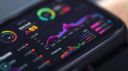 A close-up shot of a smartwatch displaying a colorful array of health data, including graphs, charts, and numerical readings.