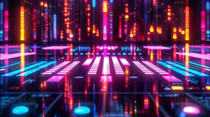 Obraz premium A digital equalizer with pulsating neon lights, cyberpunk style, dark background, vivid colors