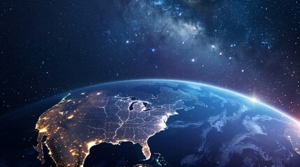 Obraz premium Earth at night from space, North America illuminated, sunrise view. Blue marble, illuminated continents, cosmic night view.