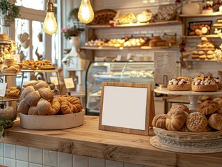 A cozy bakery with a small white blank mockup banner next to the pastry display, highlighting a warm and inviting atmosphere