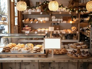 A cozy bakery with a small white blank mockup banner next to the pastry display, highlighting a warm and inviting atmosphere