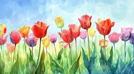 Fototapeta premium vibrant field of colorful tulips watercolor illustration
