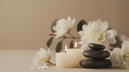 Zen garden elements for relaxation and meditation. Stacked smooth stones, flickering candle flame, and delicate white flower.