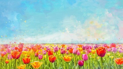 Obraz premium vibrant field of colorful tulips watercolor illustration