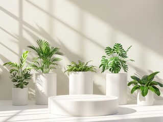 Cylindrical white podium with botanical accents and natural light