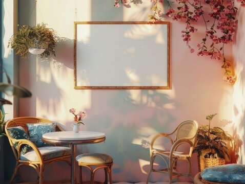 A cozy tearoom with a small white blank mockup banner on a clean, pastel wall