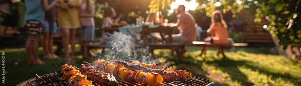 Wall mural friends grilling at a picnic, empty lawn area for promotional messages