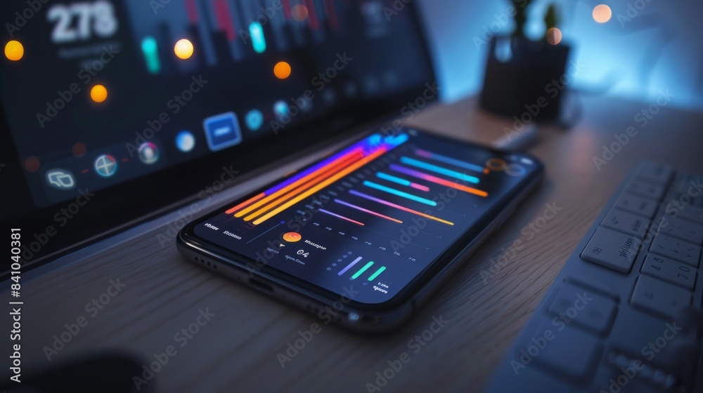 Poster a modern smartphone displaying data visualization charts sits on a desk next to a laptop and a wirel