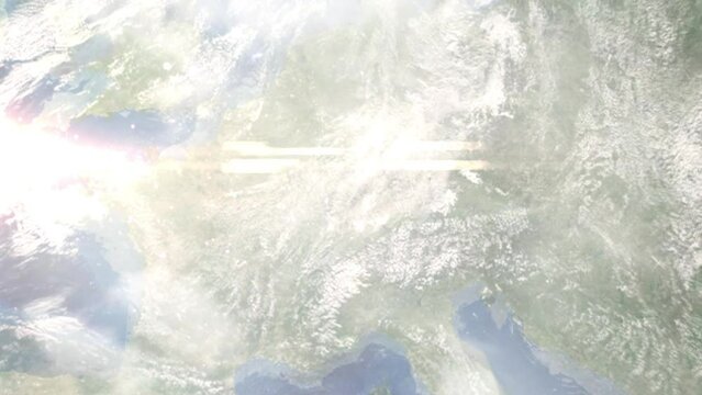 Earth zoom in from space and focus on Offenburg, Germany. 3D style Animation. Satellite view. Background for travel intro, blog. Images from NASA.