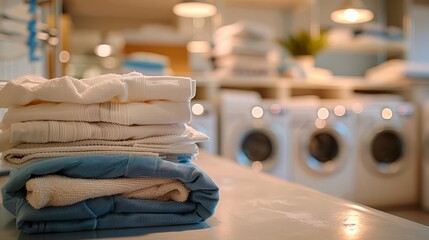 A closeup of a stack of freshly laundered, neatly folded clothes The background shows a clean, organized laundry service area, highlighting consistent quality