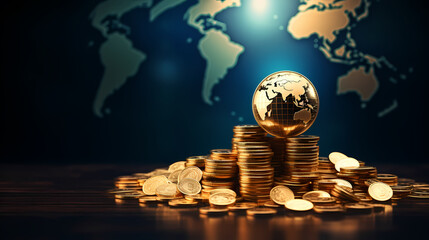 A globe surrounded by a pile of coins