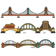Three famous bridges drawn colorful, simplified style. Top bridge resembles Golden Gate, middle one resembles Sydney Harbour, bottom bridge suggests Londons Tower Bridge, features distinctive