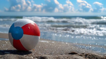 Obraz premium Summer Fun: Vibrant Red White and Blue Beach Ball on the Blurred Ocean Coast