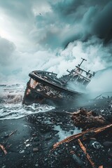 A shipwreck lies abandoned on a stormy beach, with violent waves crashing around it and ominous clouds swirling above