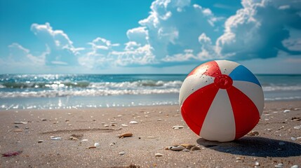 Obraz premium Summertime Beach Vacation: Vibrant Red, White, and Blue Beach Ball on the Blurred Ocean Horizon