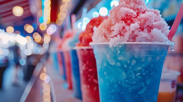 Snow Cone Stand Offering Red White and Blue Flavors with Ample Copy Space on Independence Day