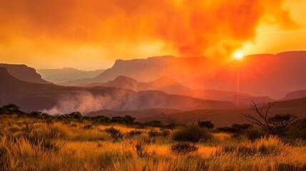 A beautiful sunset over a desert landscape with a fire in the distance