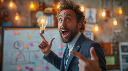 very excited businessman, man in suit got solution to the problem, eureka moment, got an idea, problem solving concept with light bulb