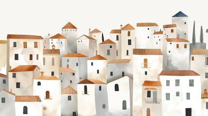 A watercolor illustration depicting a charming European village with whitewashed buildings featuring terracotta roofs, windows, and doors.