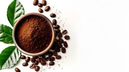 Obraz premium Bowl of ground coffee and beans isolated on white background