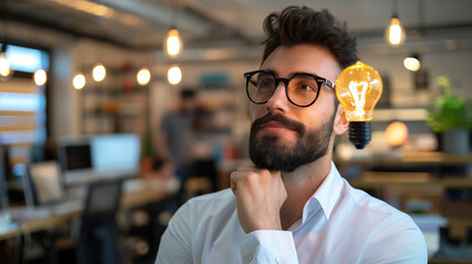businessman thinking, analysing data, brainstorming finding solutions, got an amazing idea, light bulb idea concept