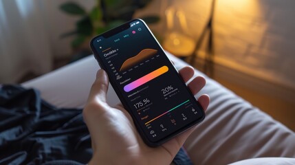 A person is holding a smartphone with a graph and statistics on the screen while lying in bed at night.