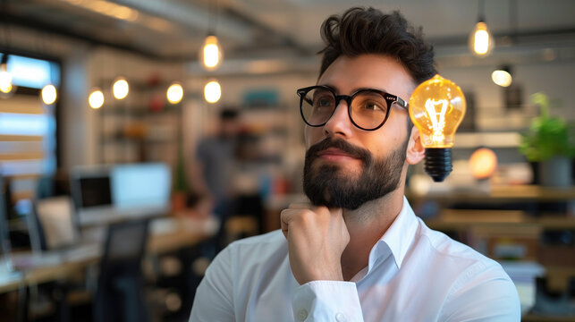 businessman thinking, analysing data, brainstorming finding solutions, got an amazing idea, light bulb idea concept