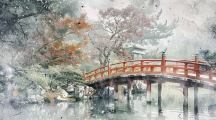 Japanese garden with a wooden bridge watercolor art