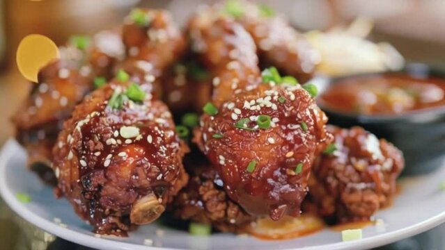 fried korean cripy chicken, crispy fried chicken, fried food, korean Barbq sauce, made with technology, stock video, food stock videos