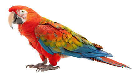 Fototapeta premium A vibrant scarlet macaw with blue and yellow feathers perches on a branch, its head turned to the side. isolated on a transparent background.
