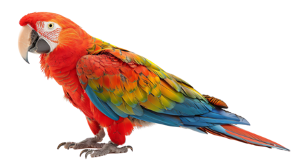 A vibrant scarlet macaw with blue and yellow feathers perches on a branch, its head turned to the side. isolated on a transparent background.