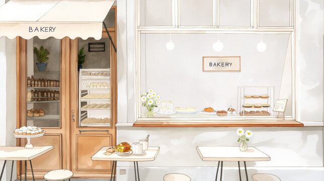 Watercolor illustration of a Parisian bakery window display with outdoor seating.