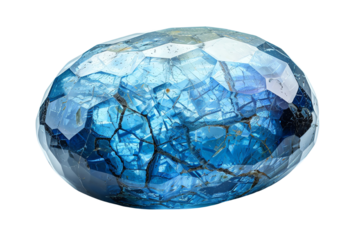 A close-up of a blue gemstone with intricate internal patterns. The gem is oval-shaped and has a smooth, polished surface. isolated on a transparent background.