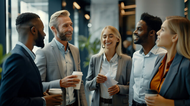 A diverse group of professionals with diversity in age gender and background, socializing, having light moment in the office, team building, talking and connecting in office, socializing in office