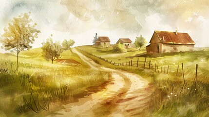 Fototapeta premium countryside dirt road and old farmhouses watercolor art