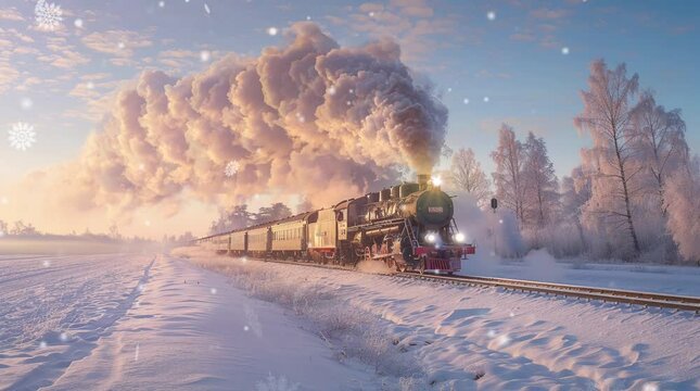 Vintage locomotive chugging through a snowy winter landscape, billowing smoke into the frosty air
 Seamless looping 4k time-lapse virtual video animation background. Generated AI