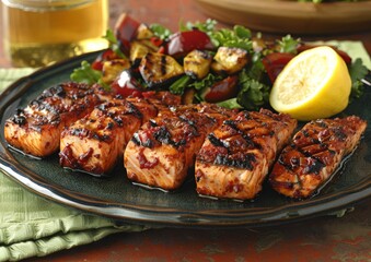 Delicious Grilled Salmon Fillets with Fresh Lemon and Mixed Vegetables Served on a Plate - Perfect Dinner Recipe for Seafood Lovers