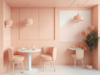 A minimalist coffee shop with tropical foliage decorating the cafe interior. Cafe with a pink background.