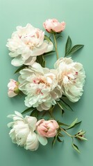 Obraz premium A close-up of a bouquet of white and pink peonies arranged on a mint green background