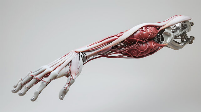 3D Rendering of Bionic Arm with Veins on White Background