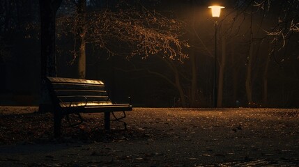 A deserted park bench at night under a single street light, casting long shadows and creating an eerie atmosphere.