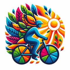 Bright Colorful Person on a Vintage Bike Bicycle Wearing a Helmet with Leaves Flying in the Back with a Large Sun & Tree Framing the Rider in Beautiful World.  Exercise Day Triathlon Mountain Training