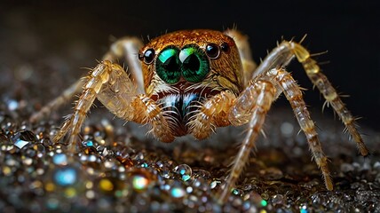 Fototapeta premium a spider with a green eyes and a green nose sits on a pile of tiny balls