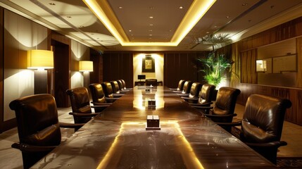 An elegant conference room featuring a long, polished table and leather chairs, beautifully illuminated by modern lighting.