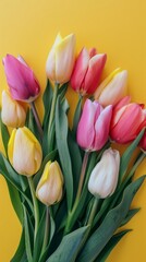 A bouquet of tulips in various colors, including pink, white, and yellow, are arranged on a yellow background